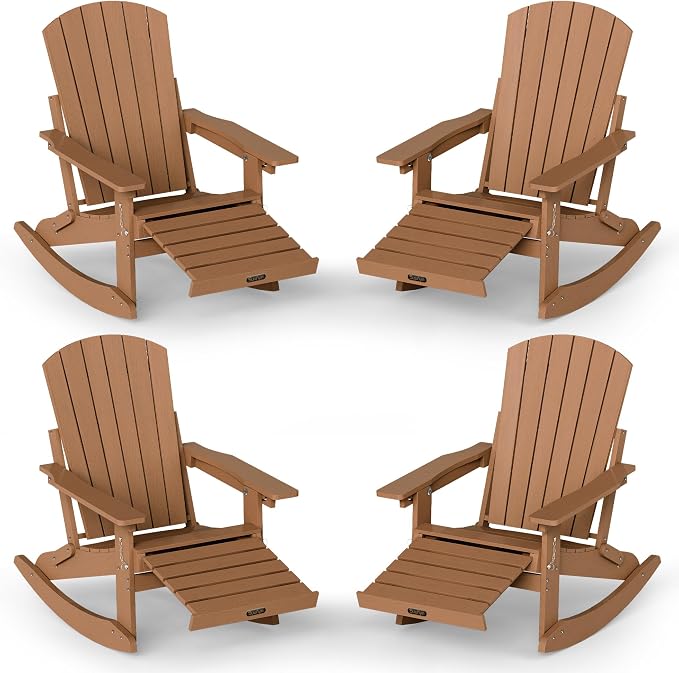 Adjustable Adirondack Rocking Chair Set of 4 with Retractable Ottoman Footrest, 4-in-1 Foldable HDPE Outdoor Rocker, Weather Resistant Adirondack Chair for Porch, Garden & Poolside, Teak