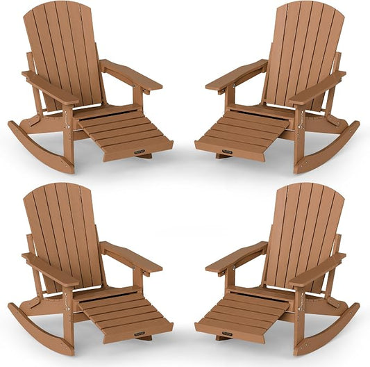 Adjustable Adirondack Rocking Chair Set of 4 with Retractable Ottoman Footrest, 4-in-1 Foldable HDPE Outdoor Rocker, Weather Resistant Adirondack Chair for Porch, Garden & Poolside, Teak