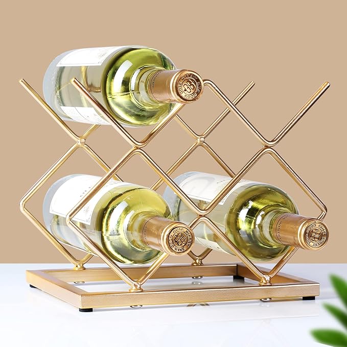 Countertop Wine Rack - 5 Bottle Freestanding Modern Gold Metal Small Wine Rack - Tabletop Wine Holder Stand for Cabinet, Pantry, Wine Bottle Storage…