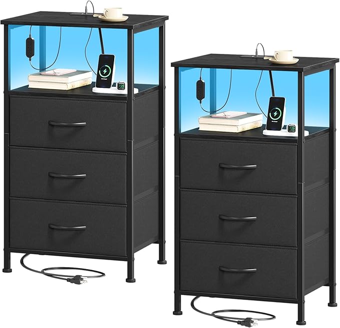 Somdot Nightstands Set of 2,Bedside Tables with Charging Station and LED Lights,Night Stand with 3 Fabric Drawers, End Tables with Open Shelf for Small Spaces Bedroom Entryway Hallway, Black