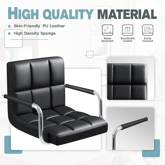 Furmax Bar Stools with Armrest Modern PU Leather Swivel Adjustable Hydraulic Bar Stool X-Large Base and Seat Square Counter Height Stool Set of 2 (Black)
