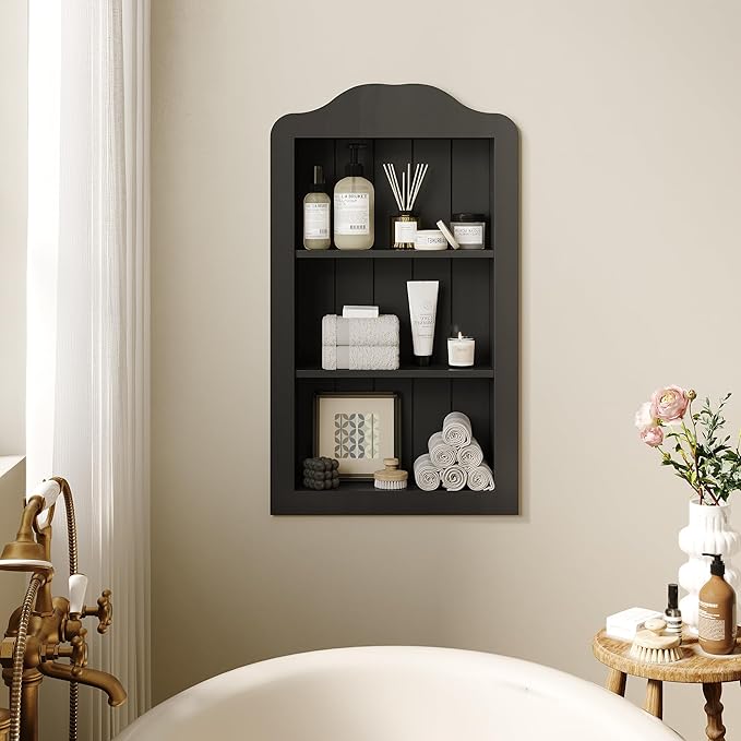 CJL 14'' x 24'' Victorian Recessed Medicine Cabinet, Solid Wood in-Wall Bathroom Cabinet, Wall Niche Shelf, 3-Tier, No MDF, Black