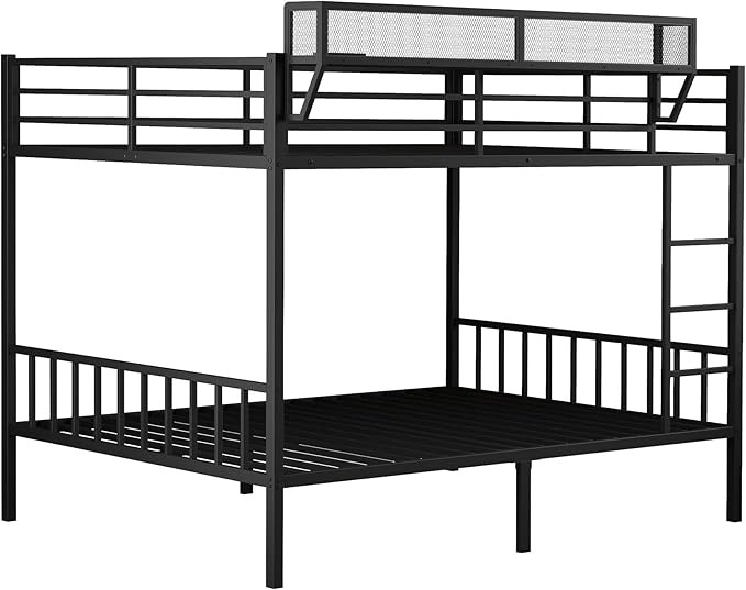 Queen Over Queen Metal Bunk Bed with Storage Shelf Built-in USB Port, Heavy Duty Queen Size Bed Frame w/Full-Length Guardrail & Ladder, Noise-Free & Stable,No Box Spring Needed