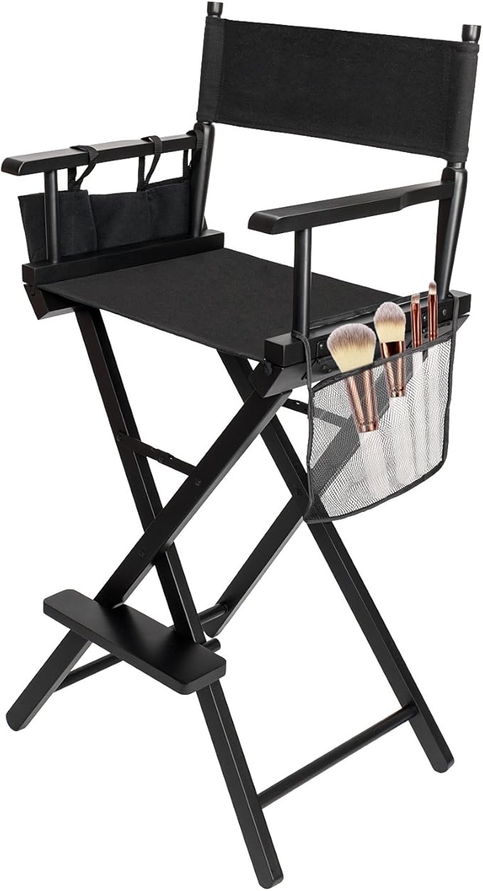 OmySalon Upgraded 31" Height Tall Director Chair Folding Artist Makeup with Replacement Cover Canvas, Storage Side Bags, Portable Footrest, Support 250 lbs,Solid Hardwood & Polyester Black