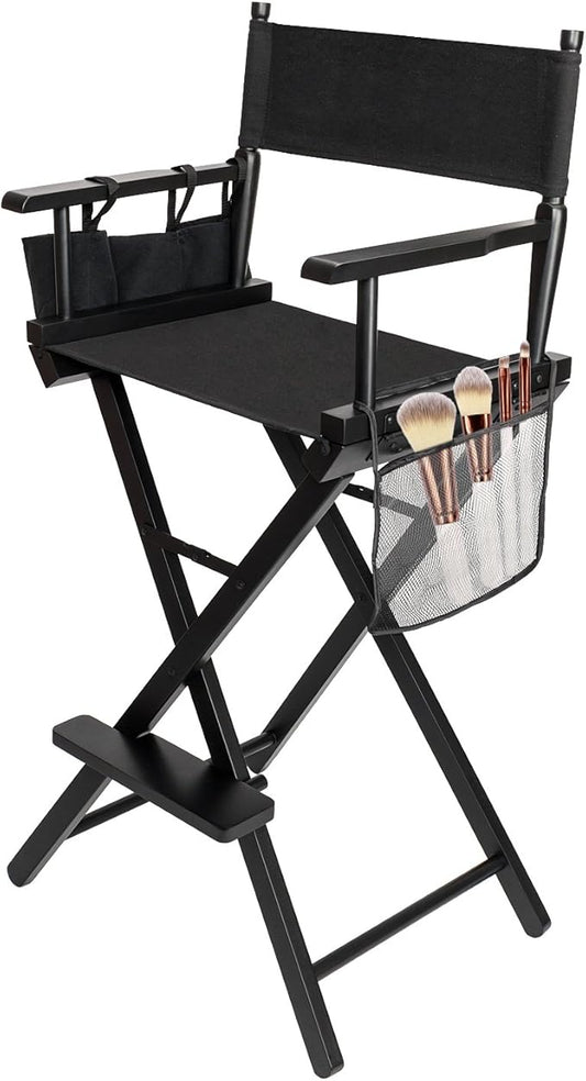 OmySalon Upgraded 31" Height Tall Director Chair Folding Artist Makeup with Replacement Cover Canvas, Storage Side Bags, Portable Footrest, Support 250 lbs,Solid Hardwood & Polyester Black