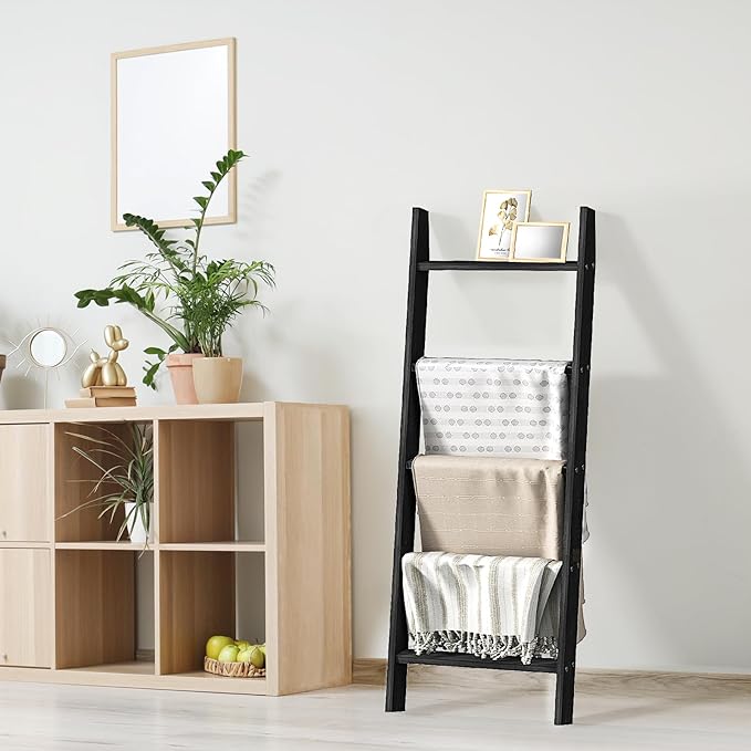 HONEST OUTFITTERS Blanket Ladders for The Living Room, 5-Tier Blanket Holder, Wall-Leaning Blanket Rack, Ladder Shelves, Wooden Quilt Ladder, Farmhouse Decor, Black