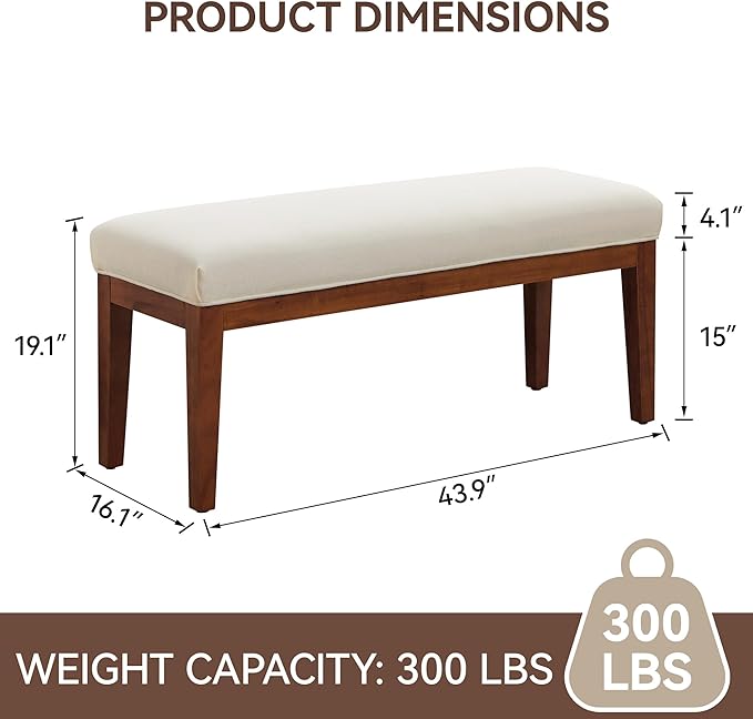 WUTUTUEE 43.5'' Linen Bedroom Bench, Upholstered End of Bed Bench, Padded Vintage Dining Bench, Entryway Bench with Solid Wood Legs, Kitchen, Living Room, Hallway, White