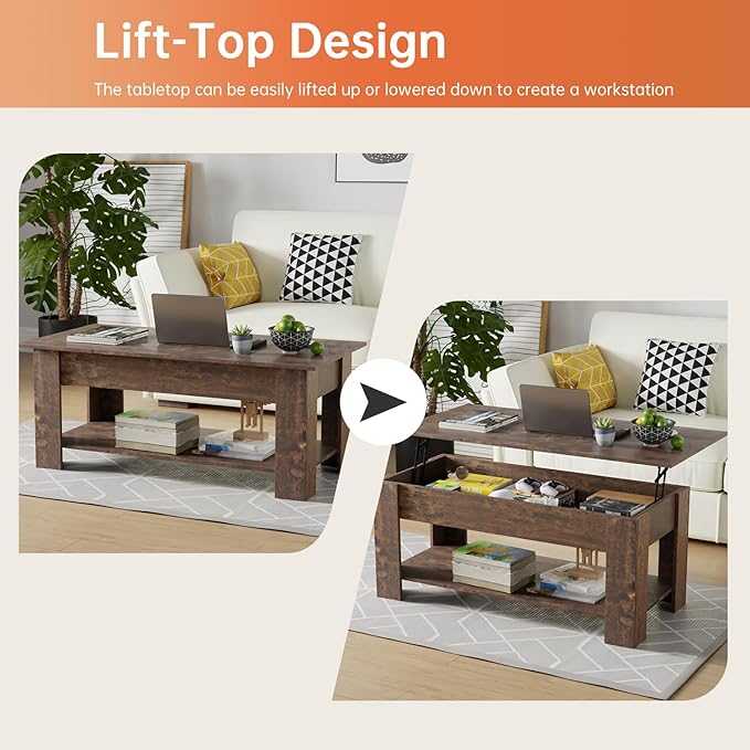 FDW Lift Top Coffee Table Coffee Table with Hidden Compartment and Storage Shelf for Living Room Reception Room 47.2in L,Brown