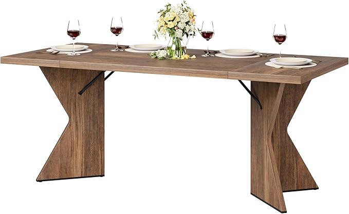GarveeHome 70.9'' Dining Table for 6, Farmhouse Rectangular Kichen Table with Sturdy Frame and “V” Leg, Wooden Thickened Long Desk and Dinner Desk for Dining Room, Kitchen, Office, Game Room(Retro)