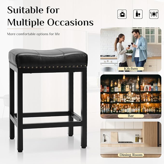 Sweetcrispy 24 inch Bar Stools Set of 4, Upholstered Modern Counter Height Bar Stools for Kitchen Island Modern PU Leather Sadless Stools Chair with Metal Base and Footrest,Black