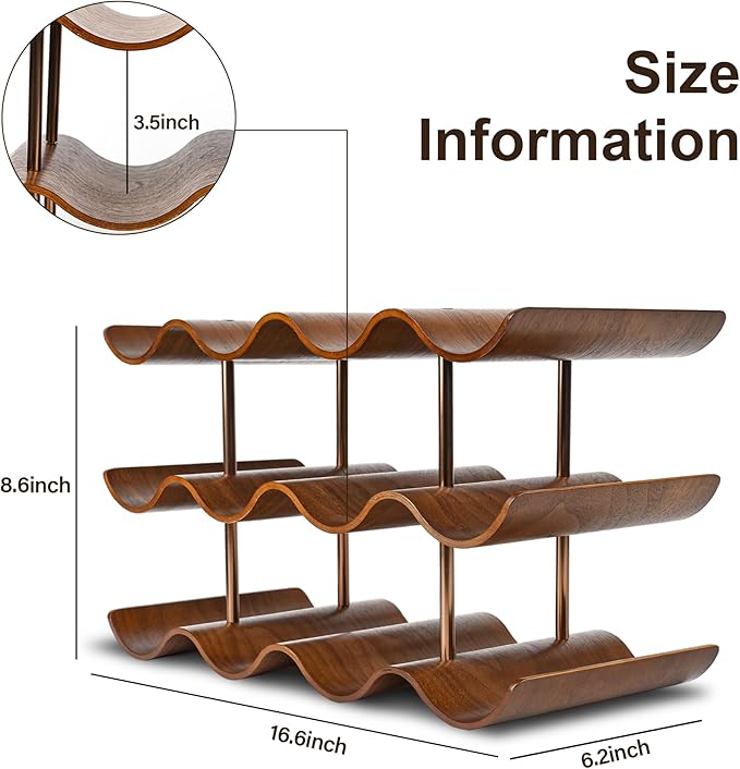 Countertop Wine Rack - 12 Bottle Freestanding Wine Bottle Holder Stand - 3 Tier Wooden Wine Storage Rack - Walnut Wavy Wine Organizer for Cabinet Pantry Home Kitchen Bar