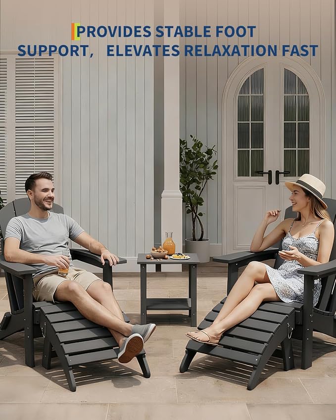 Garvee Folding Adirondack Ottoman Set of 2, HDPE Outdoor Footrest for Adirondack Chair, All-Weather Resistant for Deck Backyard Patio Outside Poolside Porch Lawn - Black