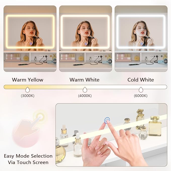 Vanity Desk with Mirror and Lights, White Makeup Vanity Table with 360° Rotating Shelves, Large Vanity Desk with 7 Drawers, Power Outlet, Dressing Table Set with Lighted Mirror Adjustable, for Bedroom