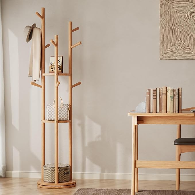 Muwuele Solid Wood Rotary Coat Rack, Freestanding Coat Rack with 3 Shelves and 9 Hooks, Coat tree for Bedroom, Entryway, Livingroom, Coat Hanger Stand for Coats, Scarves, Handbags (Natural)