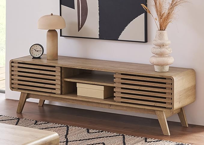 mopio Ensley 59" TV Stand with Slatted Door, Mid Century Modern Entertainment Center for 55/60/65 inch TV, Farmhouse Media Console with Storage, Adjustable Shelves, Round Edges, Living Room (Oak)
