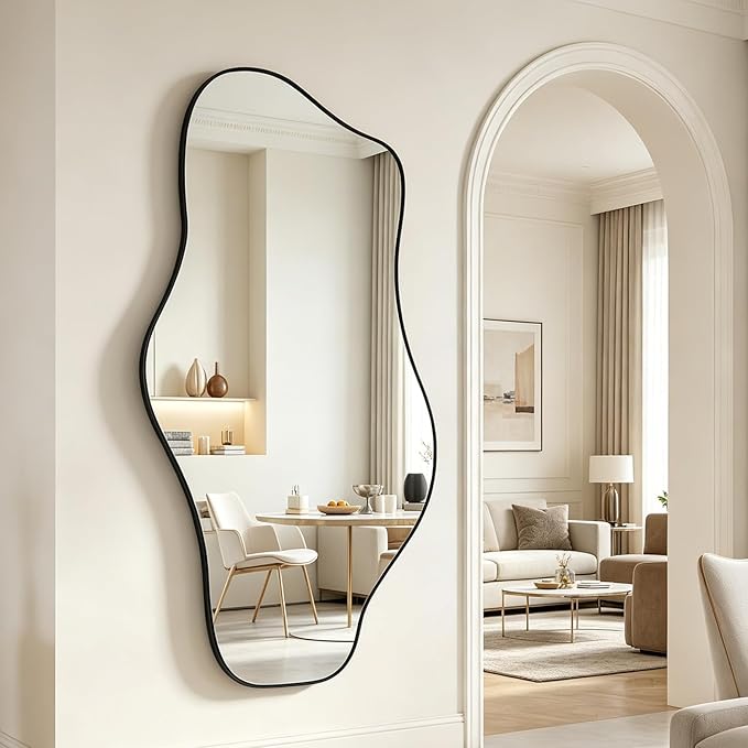 Large Irregular Mirror, 63"x29" Asymmetrical Aesthetic Wall Mirror with Black Metal Frame, Modern Organic Shape Mirror for Living Room Hallway Entryway, Horizontal or Vertical Wall Hanging