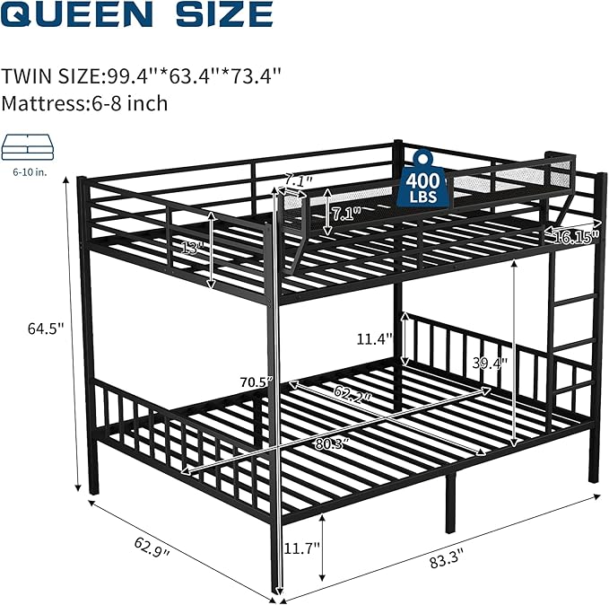 Queen Over Queen Metal Bunk Bed with Storage Shelf Built-in USB Port, Heavy Duty Queen Size Bed Frame w/Full-Length Guardrail & Ladder, Noise-Free & Stable,No Box Spring Needed