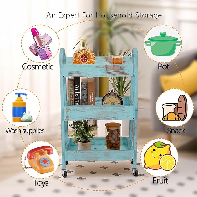 3-Tier Wooden Rolling Cart- Wooden Utility Cart wit Wheels- Utility Rolling Cart-Storage Trolley Organizer- Rolling Kitchen Serving Cart for Office,Kitchen, Kids' Room (Retro Blue)