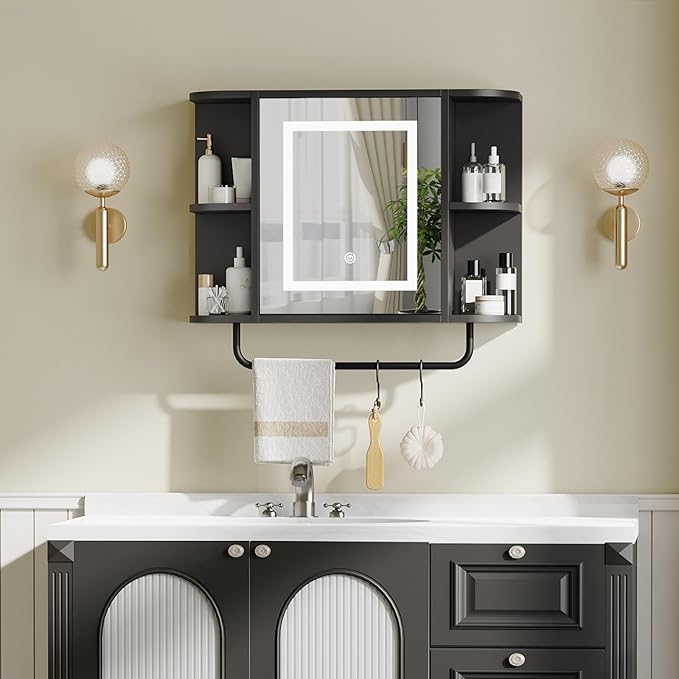 Bathroom Wall Cabinet with Mirror, Mirrored Medicine Cabinet with 3 Colors LED Light and 4 Open Shelves, Wall Mounted Over Toilet Storage Cabinets with Adjustable Shelf, 21.7"L x 6.7"W x 18.1"H, Black