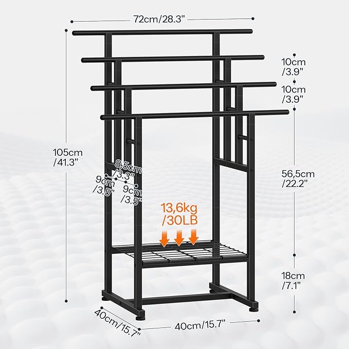 HOOBRO 4-Tier Freestanding Towel Rack, 28.3" L x 15.7" W x 41.3" H, Pool Towel Rack Outdoor, Metal Bathroom Storage Organizer with Bottom Shelf, Standing Blanket Rack, Industrial Style, Black BK16LB01