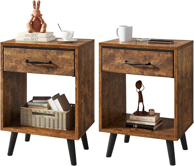 YMYNY Nightstand Set of 2, Bedside Table, Side Table with Fabric Drawer, Handle and Open Compartment, Solid Wood Legs, Wooden Coffee Table for Bedroom, Rustic Brown UHST020H-2