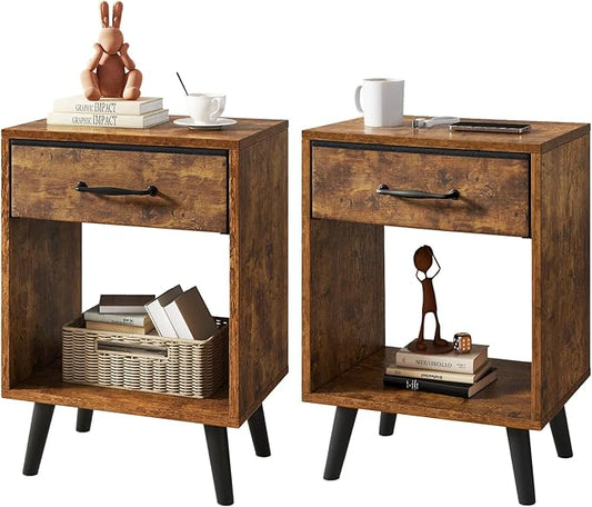 YMYNY Nightstand Set of 2, Bedside Table, Side Table with Fabric Drawer, Handle and Open Compartment, Solid Wood Legs, Wooden Coffee Table for Bedroom, Rustic Brown UHST020H-2