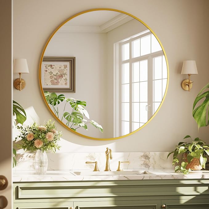 XRAMFY 42 Inch Round Gold Metal Wall Mirror - Stylish Circle Mirror for Entryway, Bathroom, and Living Room Decor | Matte Gold Circle Wall Mirror