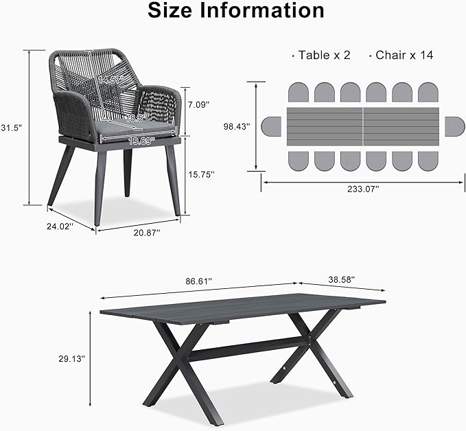 PURPLE LEAF 16 Pieces Outdoor Patio Dining Set All-Weather PE Rattan Furniture Set with All Aluminum Frame Outdoor Table and Chairs Set for 14 People Lawn Garden Backyard Deck, Grey