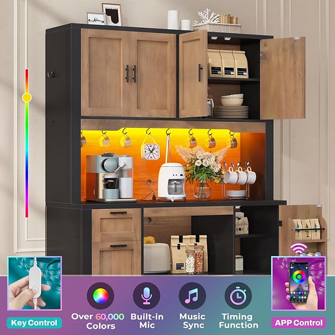 Itaar 71" Pantry Cabinet with Charging Station and LED Light, Kitchen Pantry Cabinet with Microwave Stand, 47.2" Wide Kitchen Storage Cabinets with Storage Cart 3 Tier for Dining Room,Brown