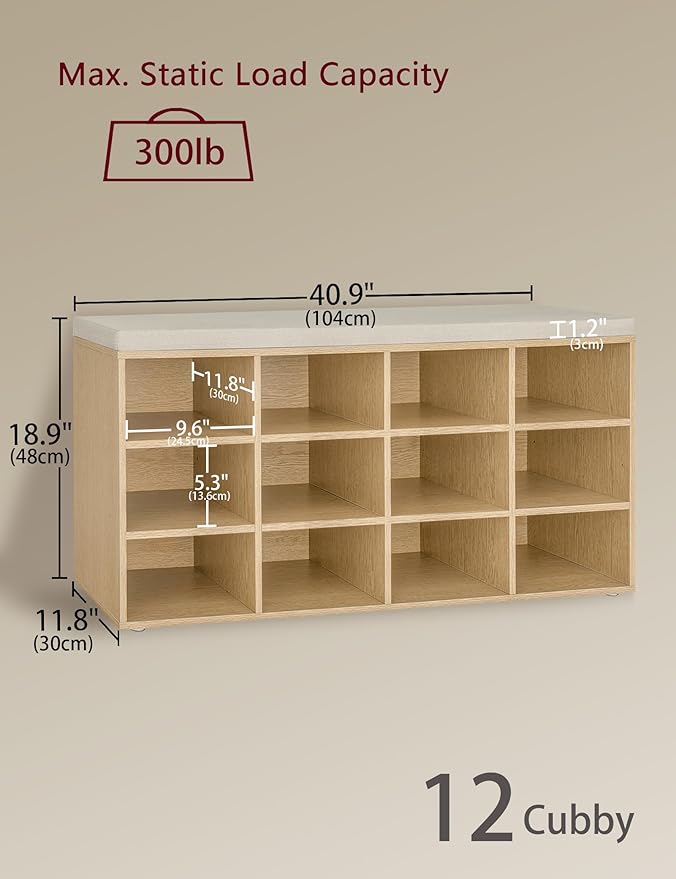 DINZI LVJ Shoe Storage Bench with Cushion, 12-Cubby Shoe Rack, Adjustable Shelves, 40.9" Long Shoe Organizer Bench for Entryway, Mudroom, Hallway, Garage, Natural and Cappuccino Beige