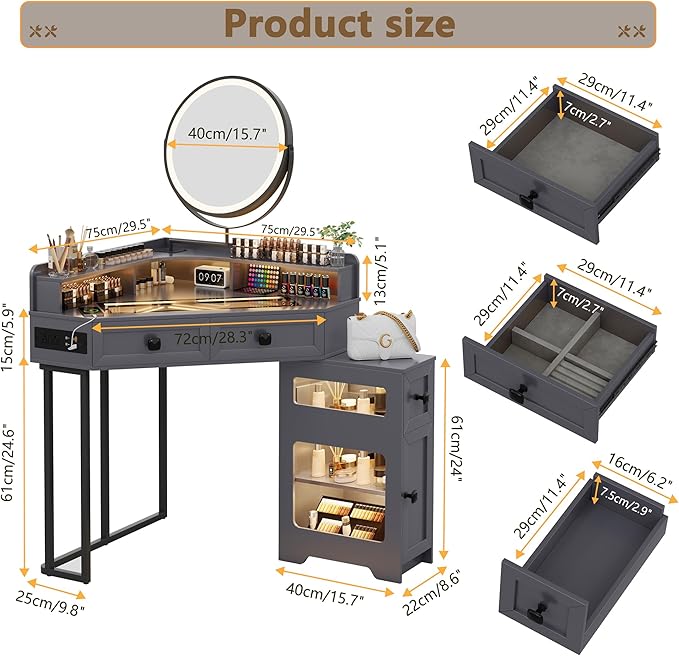 FREDEES Makeup Vanity with Mirror and Lights, Corner Vanity Table with Charging Station for Bedroom/Cloakroom, Glass Top Vanity Set with Drawers and Shelves, Grey