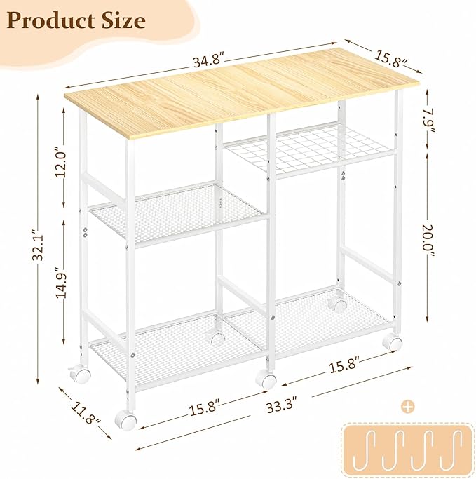 ThreeHio Rolling Kitchen Microwave Cart, 3-Tier Microwave Stand with Adjustable Shelf, Kitchen Storage Cart on Lockable Wheels, Coffee Bar Baker's Rack Organizer Shelf for Living Room, Office, Balcony