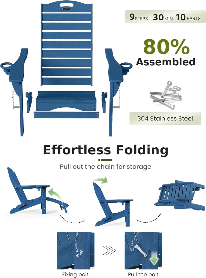 Ciokea Folding Adirondack Chair with Retractable Ottoman Fire Pit Patio Chair with Pull Out Foot Rest Weather Resistant Lawn Outdoor Lounge Chair with 2 Cup Holder (Navy Blue)
