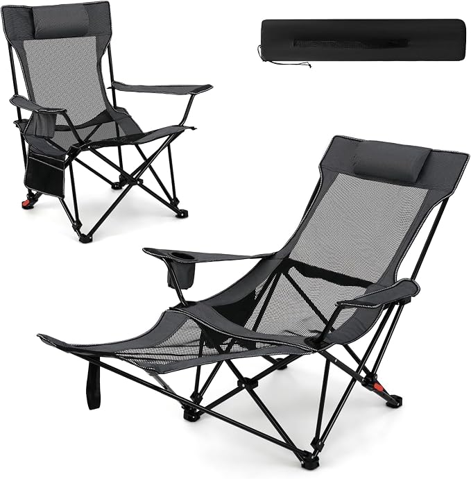Tangkula Reclining Camping Chair, 2 in 1 Porable Folding Lawn Chair with Removable Footrest, 4-Position Adjustable Backrest, Cup Holder & Side Pocket, Carry Bag (1,Gray)