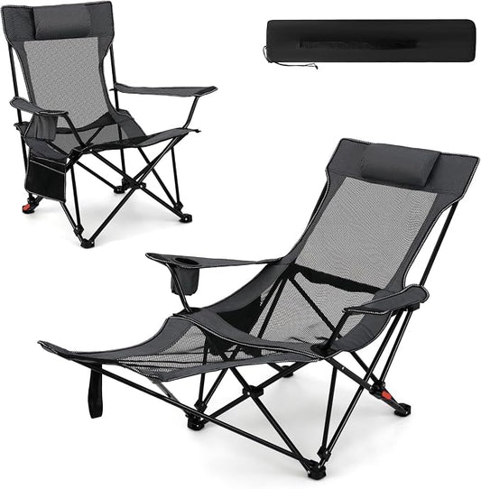 Tangkula Reclining Camping Chair, 2 in 1 Porable Folding Lawn Chair with Removable Footrest, 4-Position Adjustable Backrest, Cup Holder & Side Pocket, Carry Bag (1,Gray)