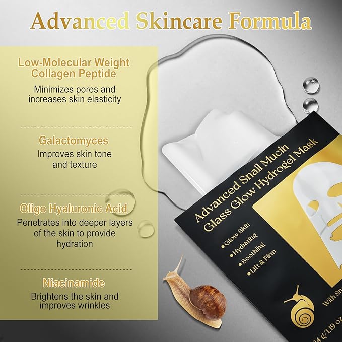6 Pack Advanced Snail Mucin Glass Glow Face Masks, Collagen Face Mask, Hydrating Overnight Hydrogel Mask for All Skin Types