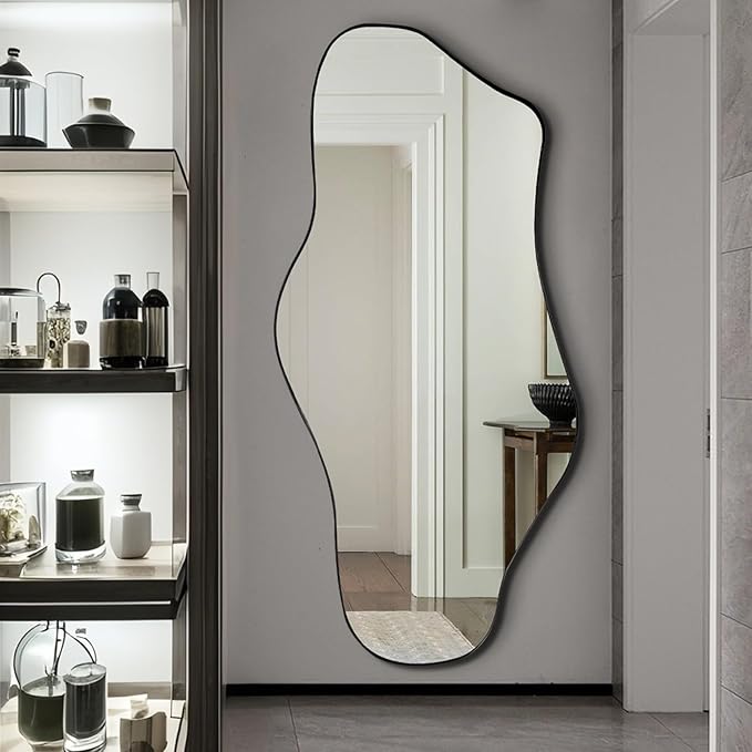 Large Irregular Mirror, 63"x29" Asymmetrical Aesthetic Wall Mirror with Black Metal Frame, Modern Organic Shape Mirror for Living Room Hallway Entryway, Horizontal or Vertical Wall Hanging
