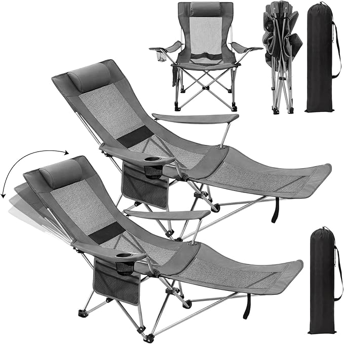 Colingmill 2 Pcs 2 in 1 Reclining Camping Chair with Footrest for Adults Folding Lounger Mesh Beach Chair Adjustable Backrest Lightweight Lawn Chairs for Camping Tailgates Outdoor Beach(Gray)