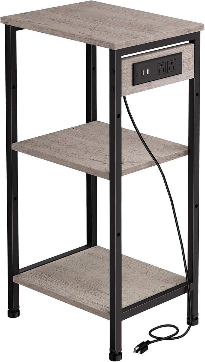 Asgolion Tall End Table with Charging Station, 3 Tier Narrow Beside Table with Adjustable Shelf, Tall Side Table Nightstand for Bedroom, Living Room Coffe Table, Office, Greige