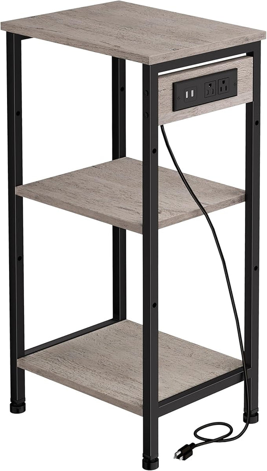 Asgolion Tall End Table with Charging Station, 3 Tier Narrow Beside Table with Adjustable Shelf, Tall Side Table Nightstand for Bedroom, Living Room Coffe Table, Office, Greige