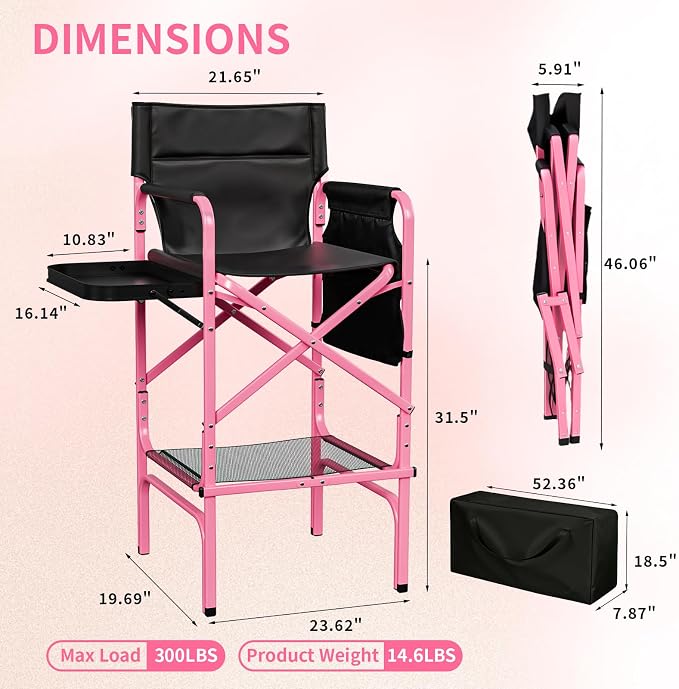 VINGLI 31" Tall Director's Chair for Makeup Artist, Aluminum Portable Makeup Chair with Retractable Side Table & Footrest,Supports 300 lbs, Foldable Makeup Chair for Studio, Pink & Black