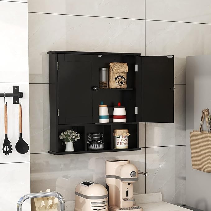 TaoHFE Black Bathroom over the Toilet Storage Cabinet, Wall Medicine Cabinet Organizer with 2 Door Adjustable Shelves, Wooden Modern Bathroom Shelves Wall Mounted Laundry Room, 21L x 5.1W x 23H Inches