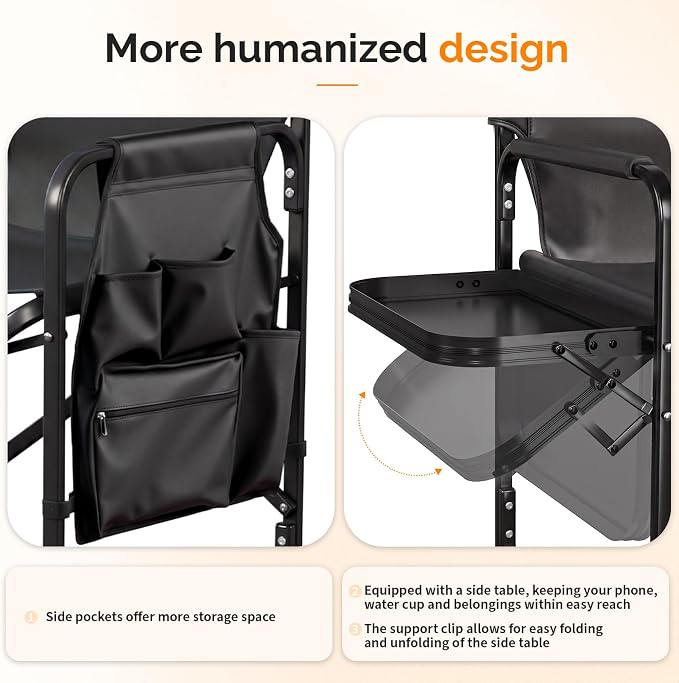 VINGLI 31" Tall Director's Chair for Makeup Artist, Aluminum Portable Makeup Chair with Retractable Side Table & Footrest,Supports 300 lbs, Foldable Makeup Chair for Studio, Black & Black