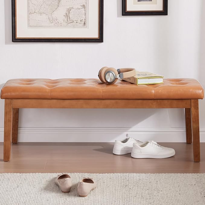 Ottoman Bench Upholstered Padded Seat with Solid Wood Legs and Button-Tufted, Faux Leather Cognac Brown