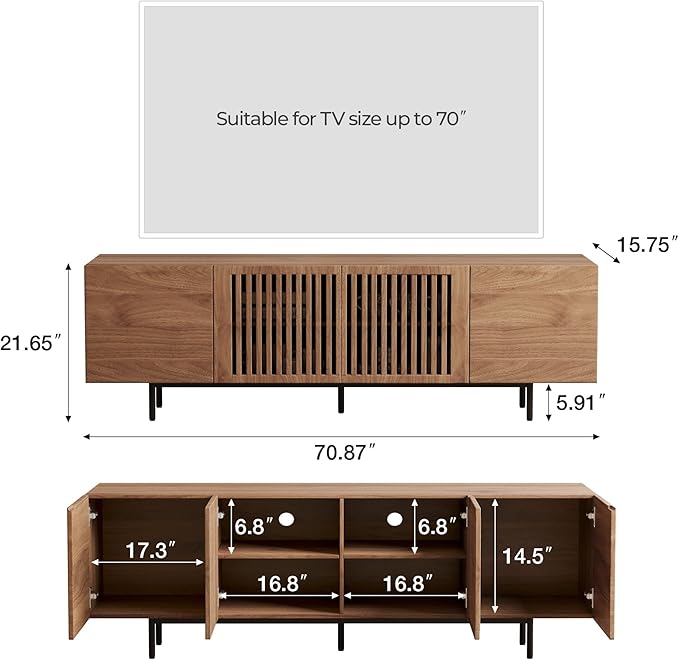 70.87" Mid Century Modern TV Stand, Walnut Media Console for 70 Inch TVs, Entertainment Cabinet with 4 Storage Compartments for Living Room or Bedroom