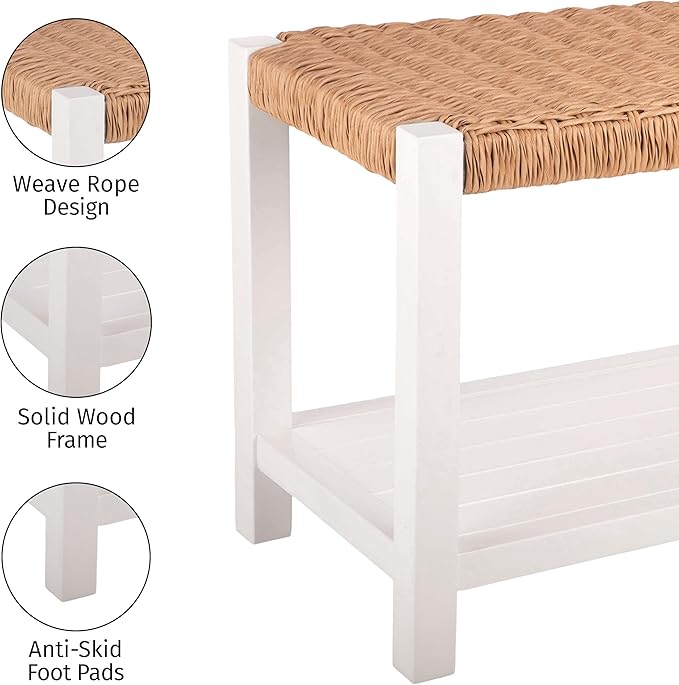 Alaterre Furniture Bench with Handcrafted Woven Rope Seat - Newport Collection 40-Inch Wood Bench with Storage Shelf for Entryway or Hallway - Indoor Furniture (White)