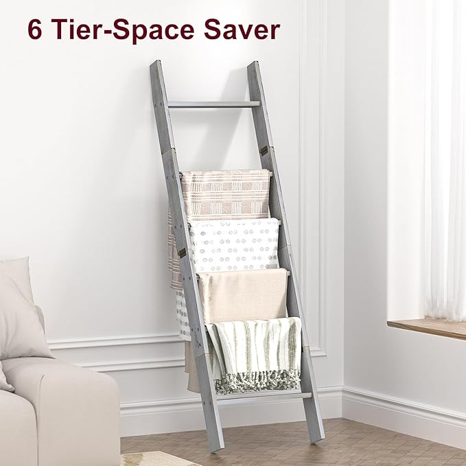 Honest Blanket Ladders for The Living Room, 6-Tier Blanket Holder, Wall-Leaning Blanket Rack, Ladder Shelves, Wooden Quilt Ladder, Farmhouse Decor, Grey