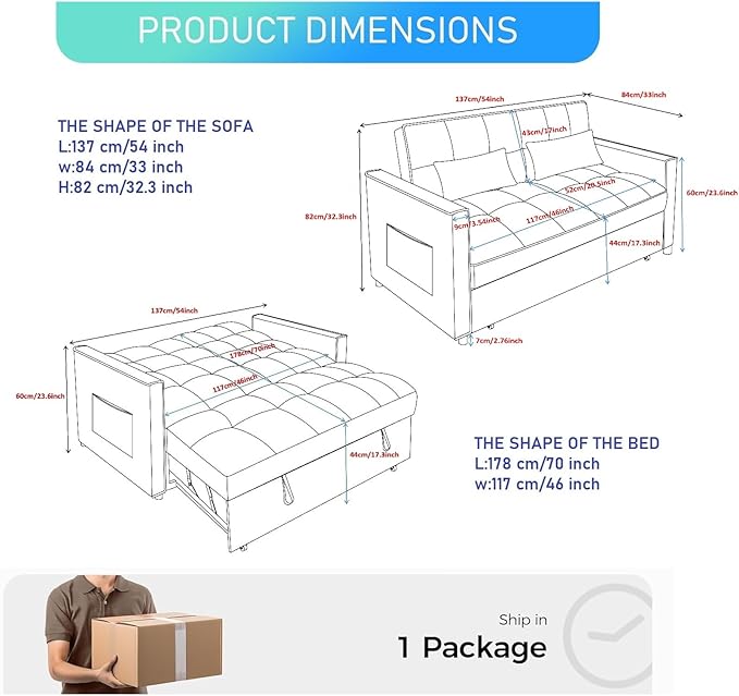 3 in 1 Convertible Sleeper Sofa Bed, 54'' Full Size Velvet Pull Out Futon Couch Recliner with Reclining Backrest & 2 Pillows, Small Loveseat Lounge Couches for Small Spaces (Silver Grey)