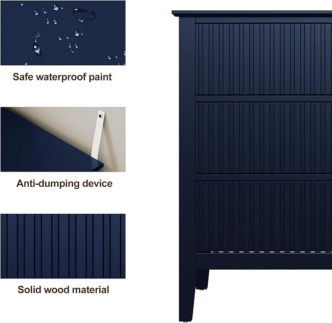 RoyalCraft 32" Large Nightstand, Fluted Painted Bedside Table with 3 Spacious Drawers, Modern Tall End Table for Bedroom, Blue