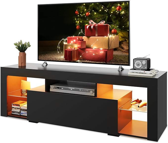 WLIVE TV Stand with LED Lights & 2 Large Storage Drawers, Modern Entertainment Center for 32/43/50/55/60 Inchs TVs, Sturdy TV Console for Living Room, Bedroom(Black)